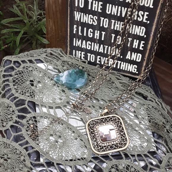 Lia Sophia 17” Necklace Faceted Pendant & Rhinestones in Antique Brass - Picture 7 of 8